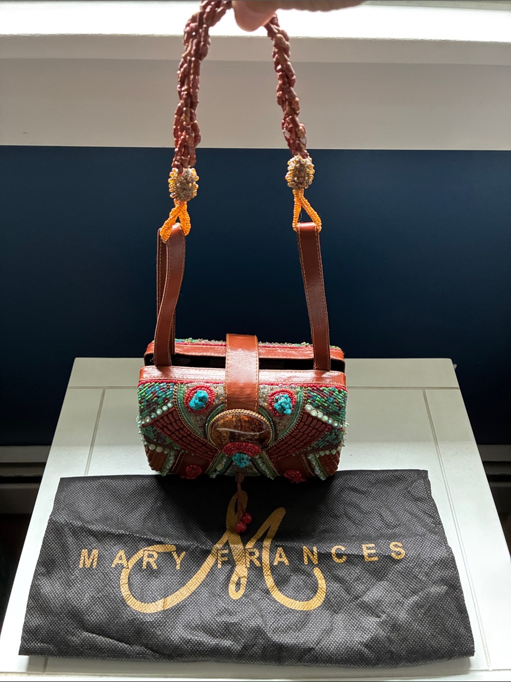 Rare Mary Frances Coral, Turquoise & Brown Beaded Embellished clutch purse - Picture 9 of 9